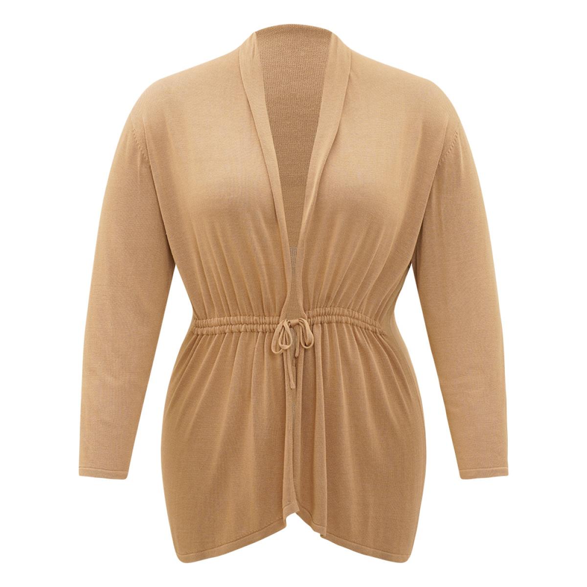 Plus Size Plain Drawstring Bowknot Front Drop Shoulder Cardigan Tan Women Casual Loose Long Sleeve Everyday Cardigans BloomChic 18-20/2X Product Image