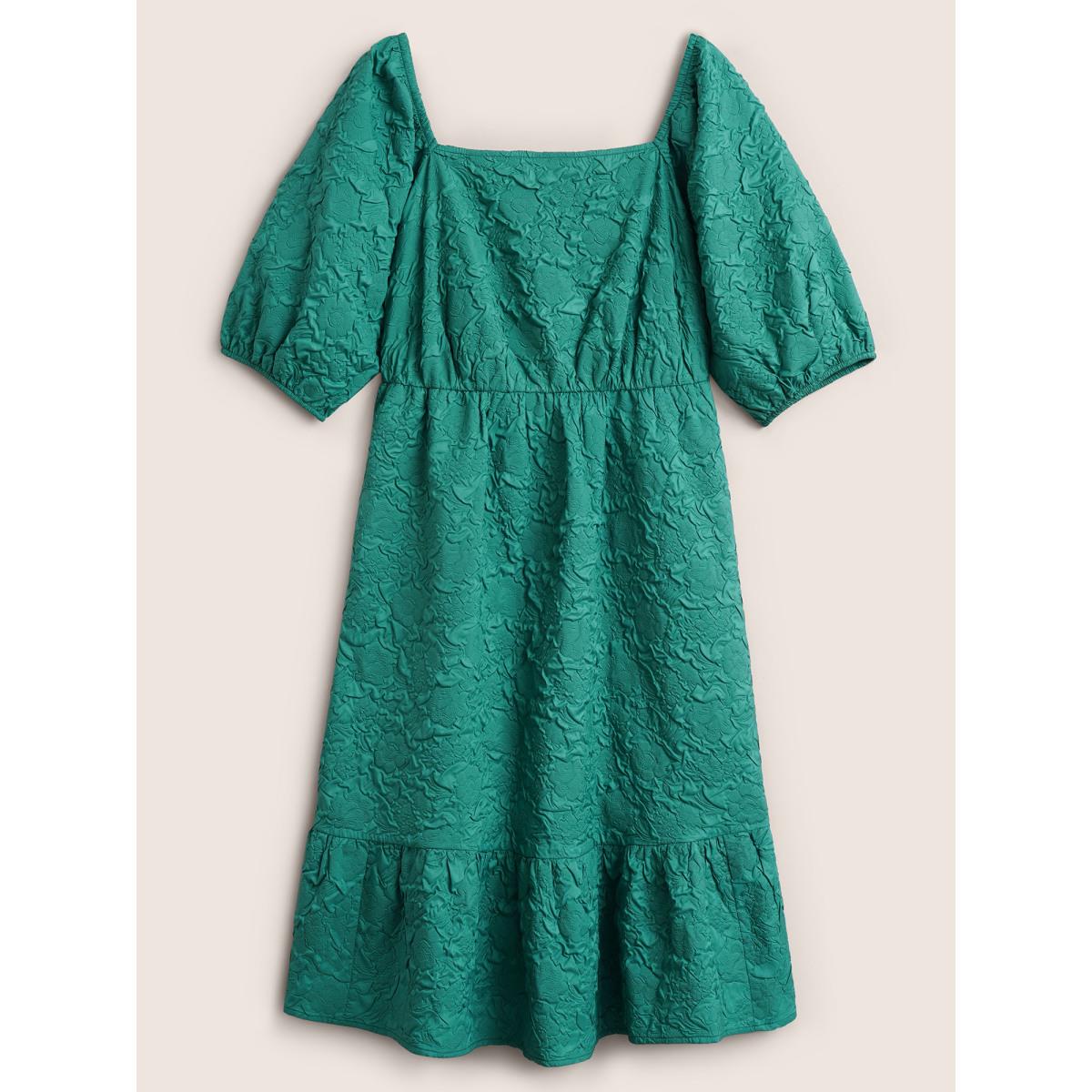 Plus Size Plisse Patchwork Flutter Hem Square Neck Dress Emerald Women Elegant Non Square Neck Half Sleeve Curvy Midi Dress BloomChic 14-16/1X Product Image