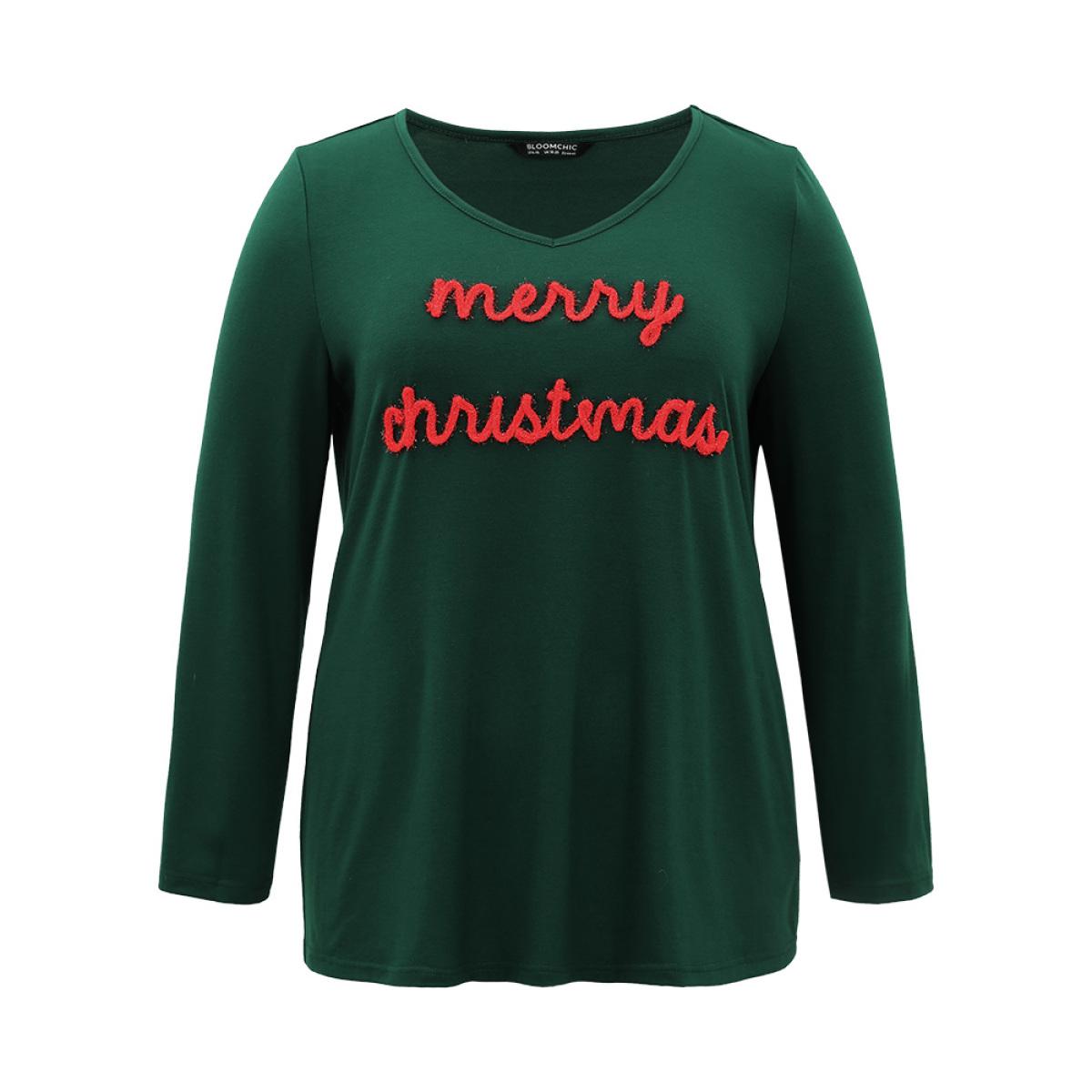 Plus Size Christmas Letter Embroidered Contrast T-shirt DarkGreen Women Casual Contrast Christmas Festival-Christmas T-shirts BloomChic 22-24/3X Product Image
