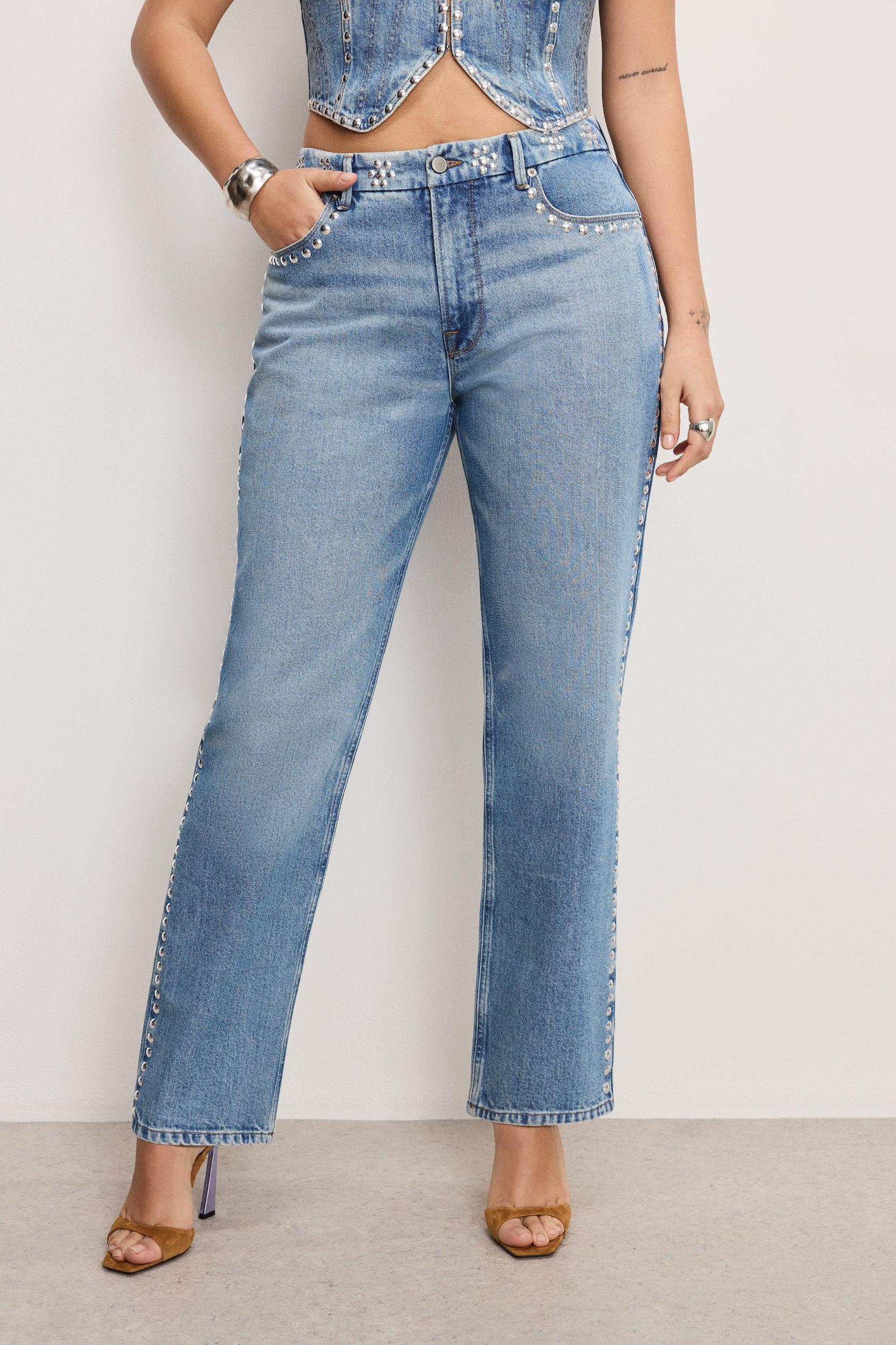 GOOD ICON STUDDED STRAIGHT JEANS | INDIGO895 Product Image