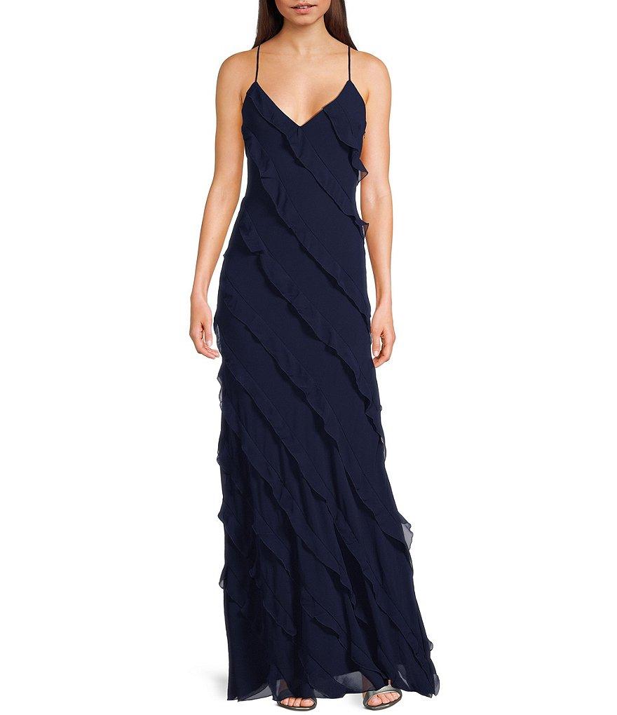 B. Darlin All Over Ruffle Trim V-Neck Spaghetti Strap Long Dress Product Image