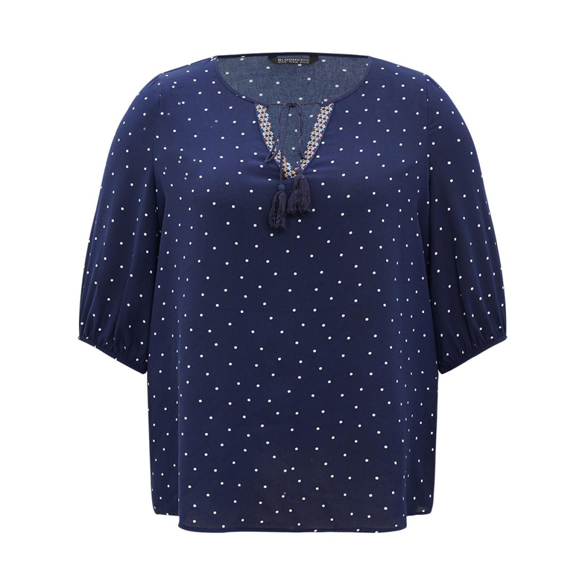Plus Size Indigo Polka Dot Tassels Ties Elastic Cuffs Blouse Women Vacation Elbow-length sleeve V-neck Vacation Blouses BloomChic 30/6X Product Image