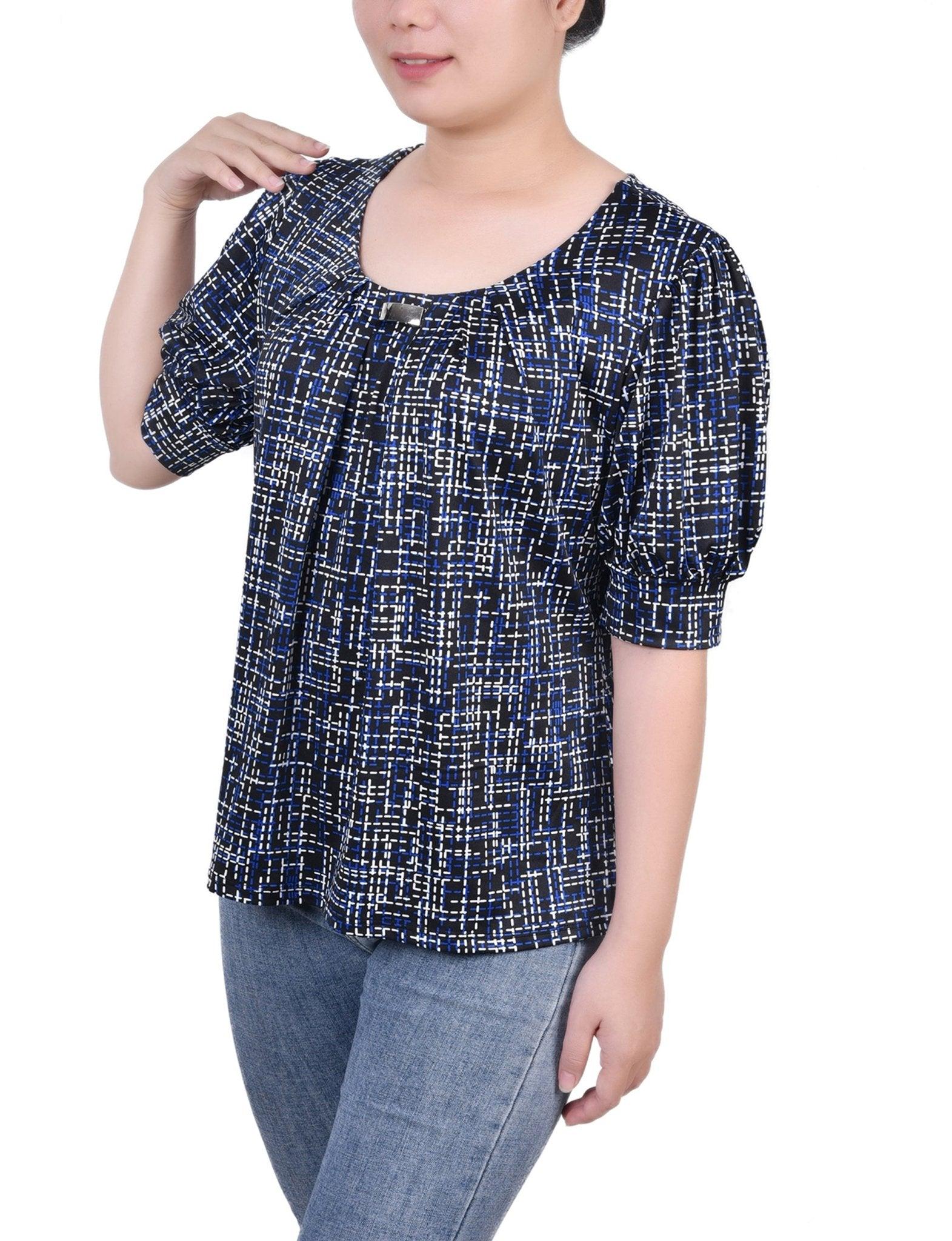 Royal White Abstract Short Sleeve Balloon Sleeve Top - Petite Product Image