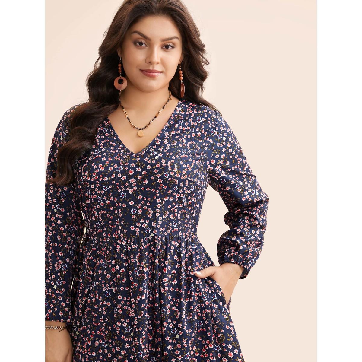 Plus Size Boho Print Lantern Sleeve Midi Dress DarkBlue Women Resort Non V-neck Long Sleeve Curvy BloomChic 10/M Product Image