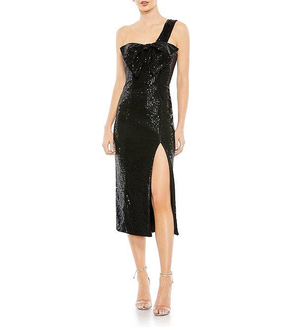 Mac Duggal One Shoulder Strap Sequined Bow Front Sheath Midi Dress Product Image