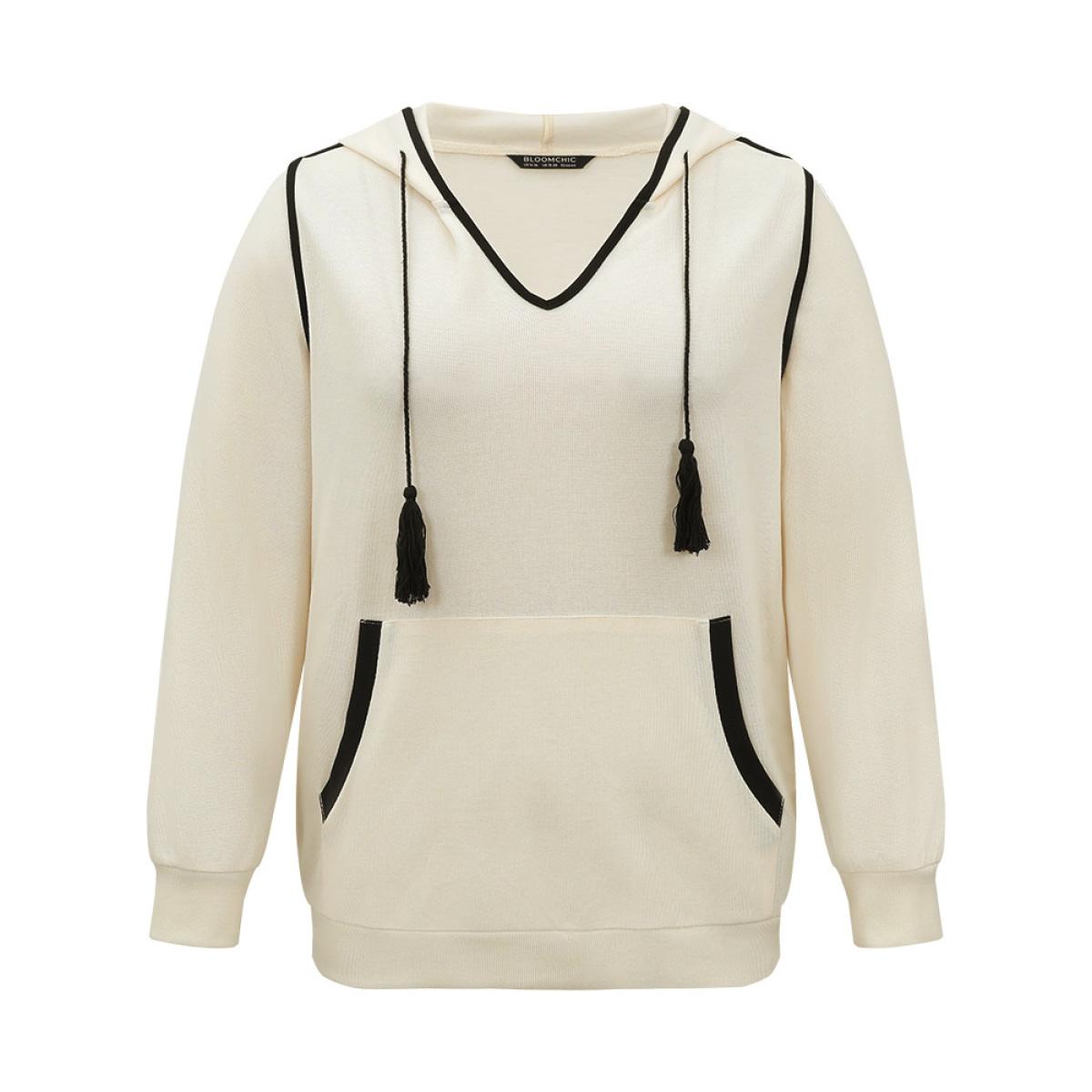 Plus Size Contrast Hooded Tassel Trim Knit Sweatshirt Women White Casual Tassels Hooded Everyday Sweatshirts BloomChic 26/4X Product Image