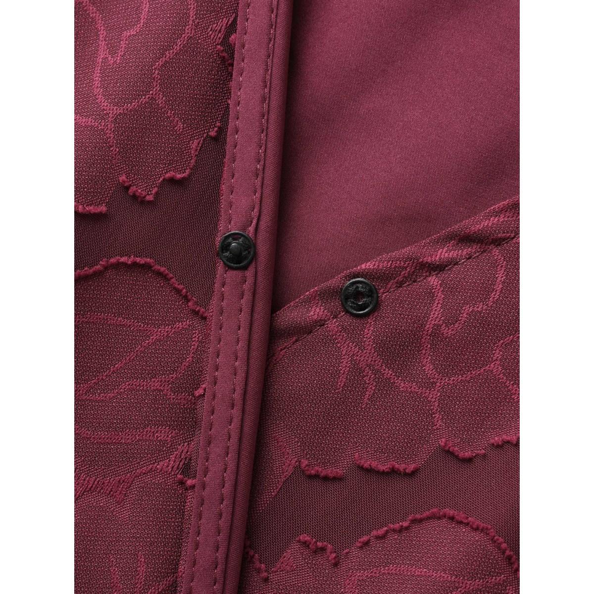 Plus Size Solid Textured Lantern Sleeve Button Detail Dress Burgundy Women Romantic Button V-neck Short sleeve Curvy BloomChic 18-20/2X Product Image
