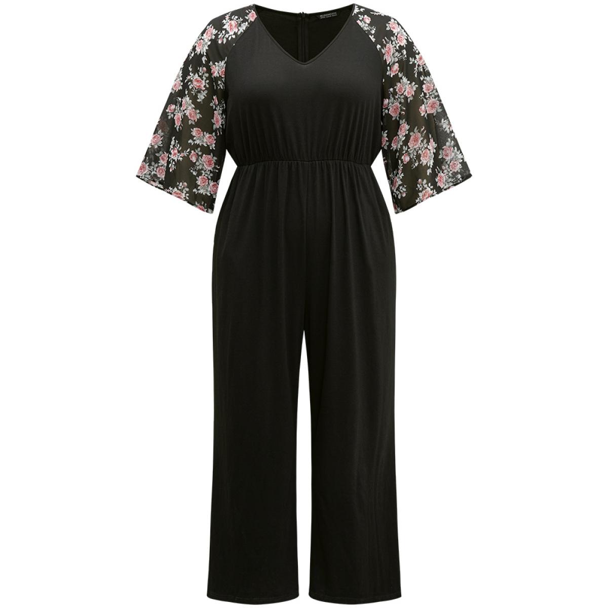 Plus Size BlackFlower Floral Print Ruffles V Neck Raglan Sleeve Jumpsuit Women Elegant Elbow-length sleeve V-neck Dailywear Loose Jumpsuits BloomChic 14-16/1X Product Image