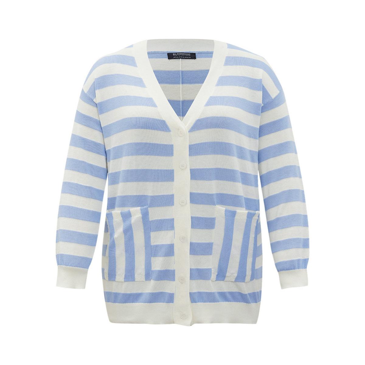 Plus Size Striped Button Down Patched Pocket Cardigan LightBlue Women Casual Loose Long Sleeve Everyday Cardigans BloomChic 30/6X Product Image