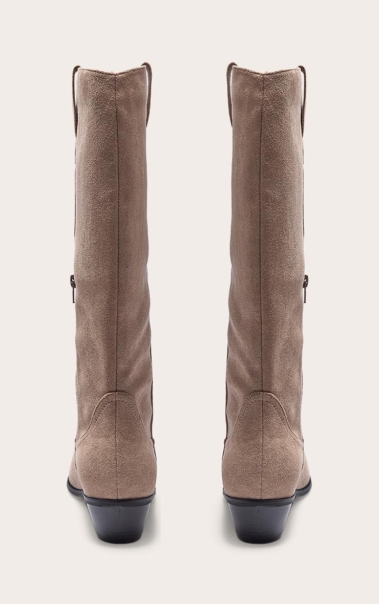 Taupe Faux Suede Point Toe Knee High Western Boots Product Image
