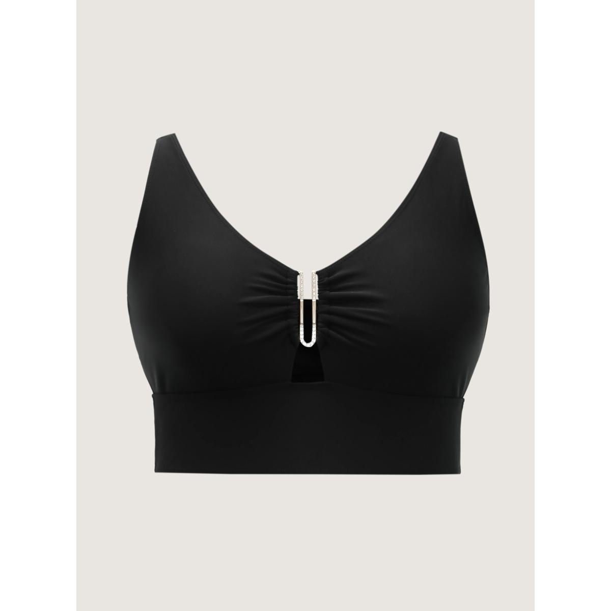 Plus Size Keyhole Metal Detail Solid Swim Top Women's Swimwear Black Resort Gathered High stretch Skinny V-neck Curve Swim Tops BloomChic 14-16/1X Product Image