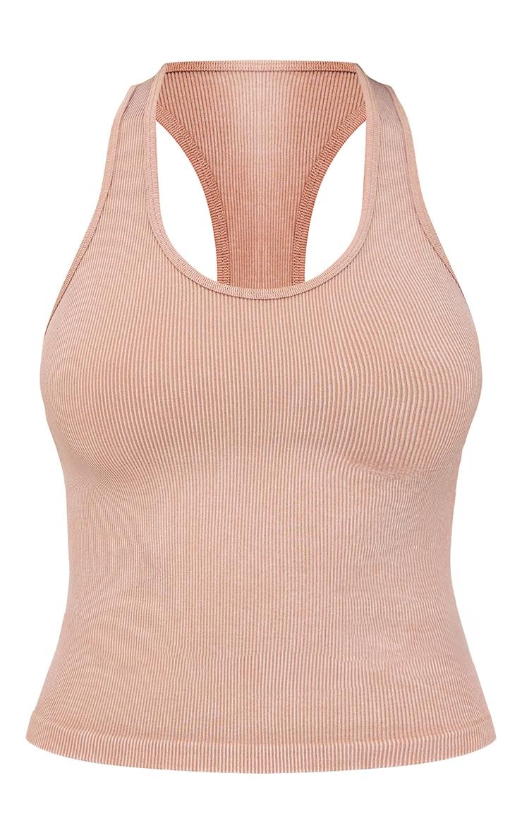 Chocolate Mocha Acid Wash Seamless Rib Halter Neck Gym Top Product Image