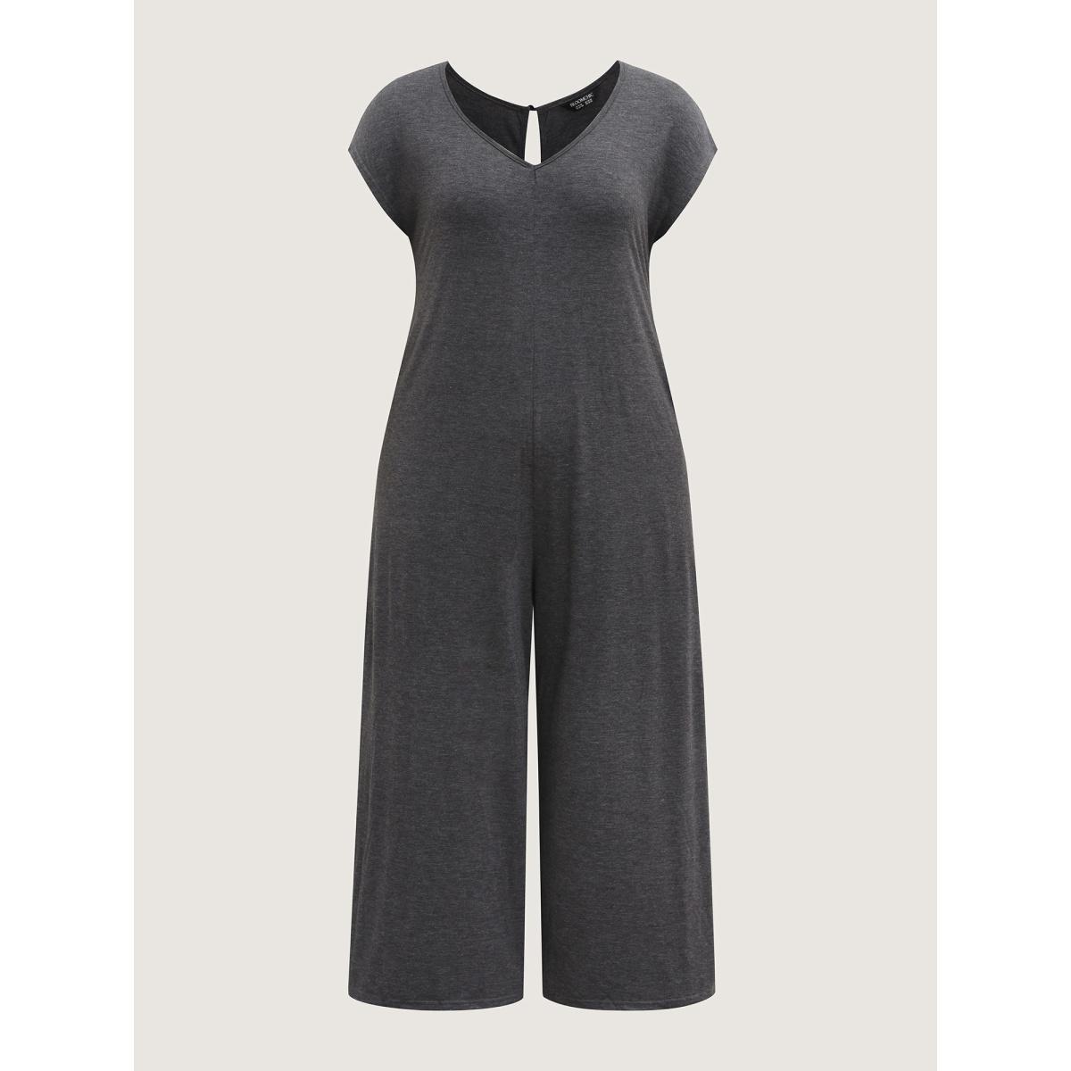 Plus Size DimGray Supersoft Waist-Contouring Wide-Leg Jumpsuit Women Leisure Cap Sleeve Heart neckline Casual Loose Jumpsuits BloomChic 10/M Product Image