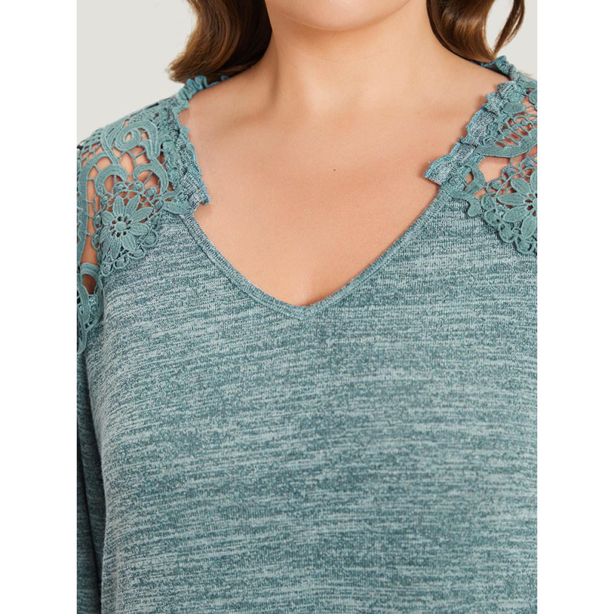 Plus Size Lace Insert Curved Hem Lantern Sleeve Sweatshirt Women Cyan Elegant Elastic cuffs V-neck Dailywear Sweatshirts BloomChic 30/6X Product Image