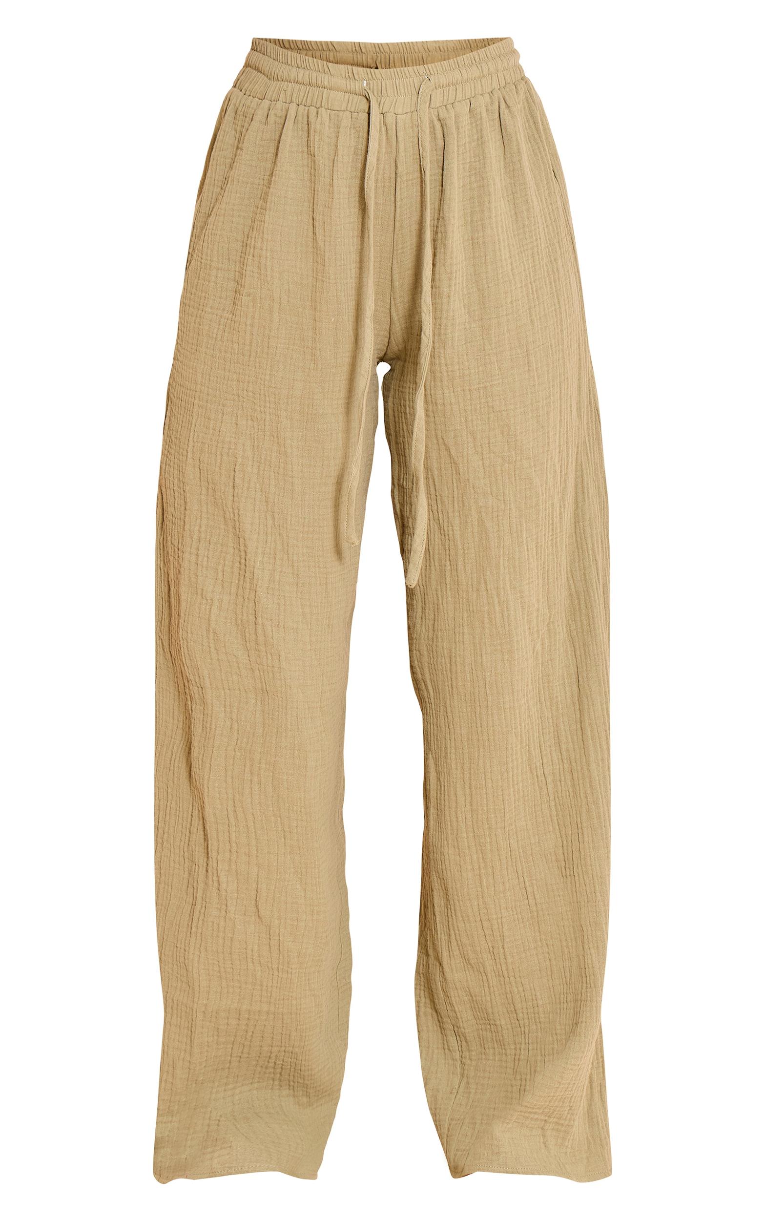 Khaki Cheesecloth Textured Wide Leg Pants Product Image