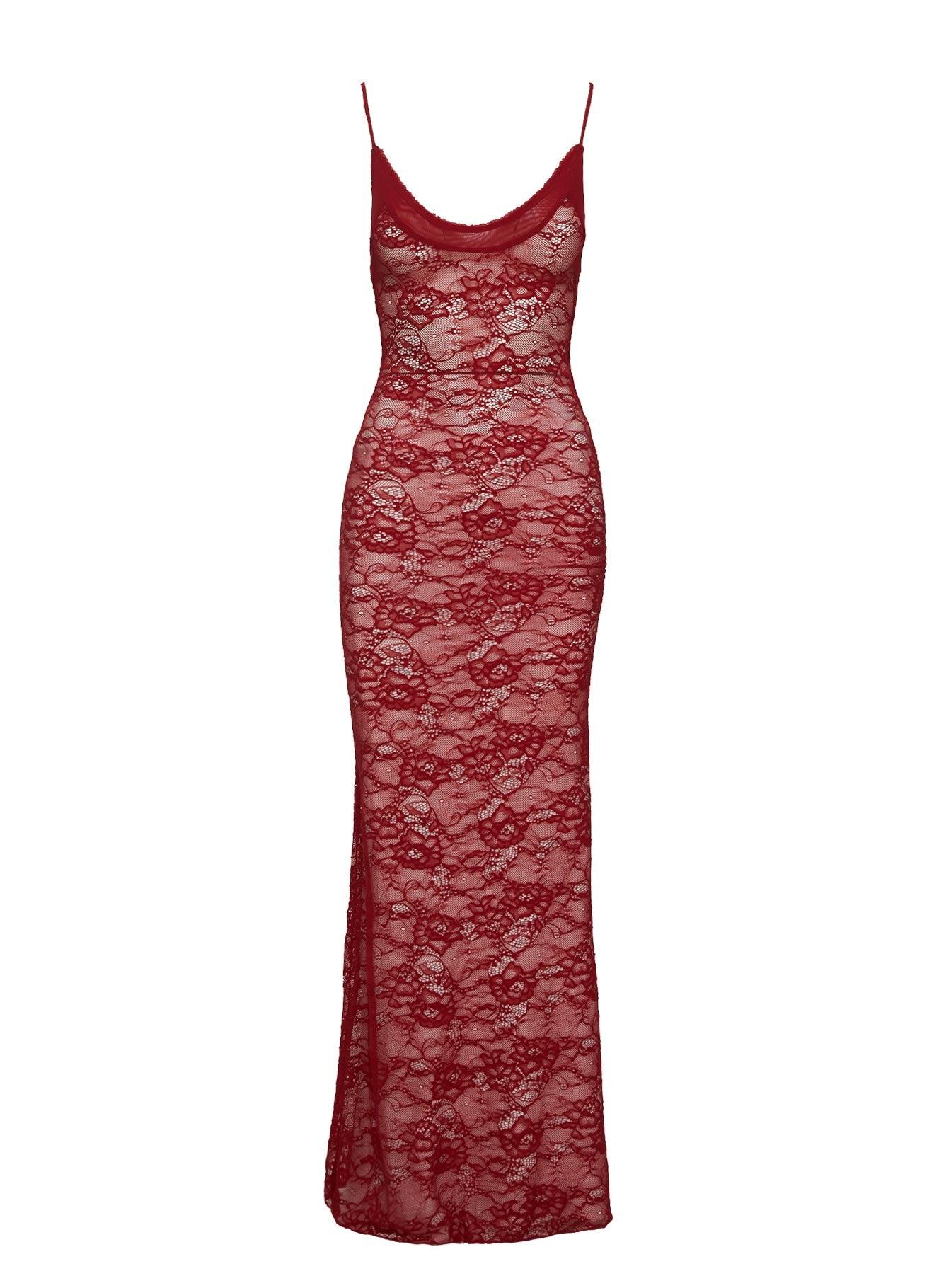 Dynamo Sheer Lace Maxi Dress Red Product Image