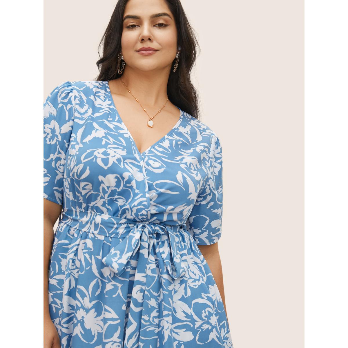 Plus Size Silhouette Floral Print Pocket Wrap Belted Dress LightBlue Women Elegant Non Overlap Collar Short sleeve Curvy Midi Dress BloomChic 18-20/2X Product Image