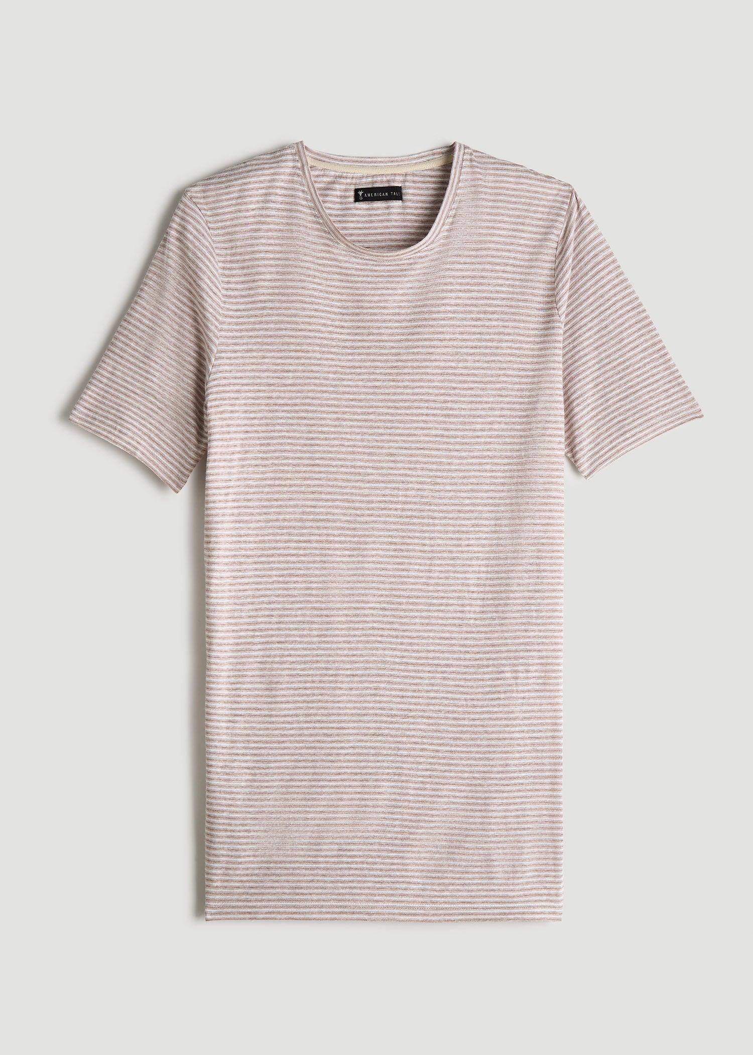 Linen Crewneck T-Shirt for Tall Men in Beige and White Stripe Male Product Image