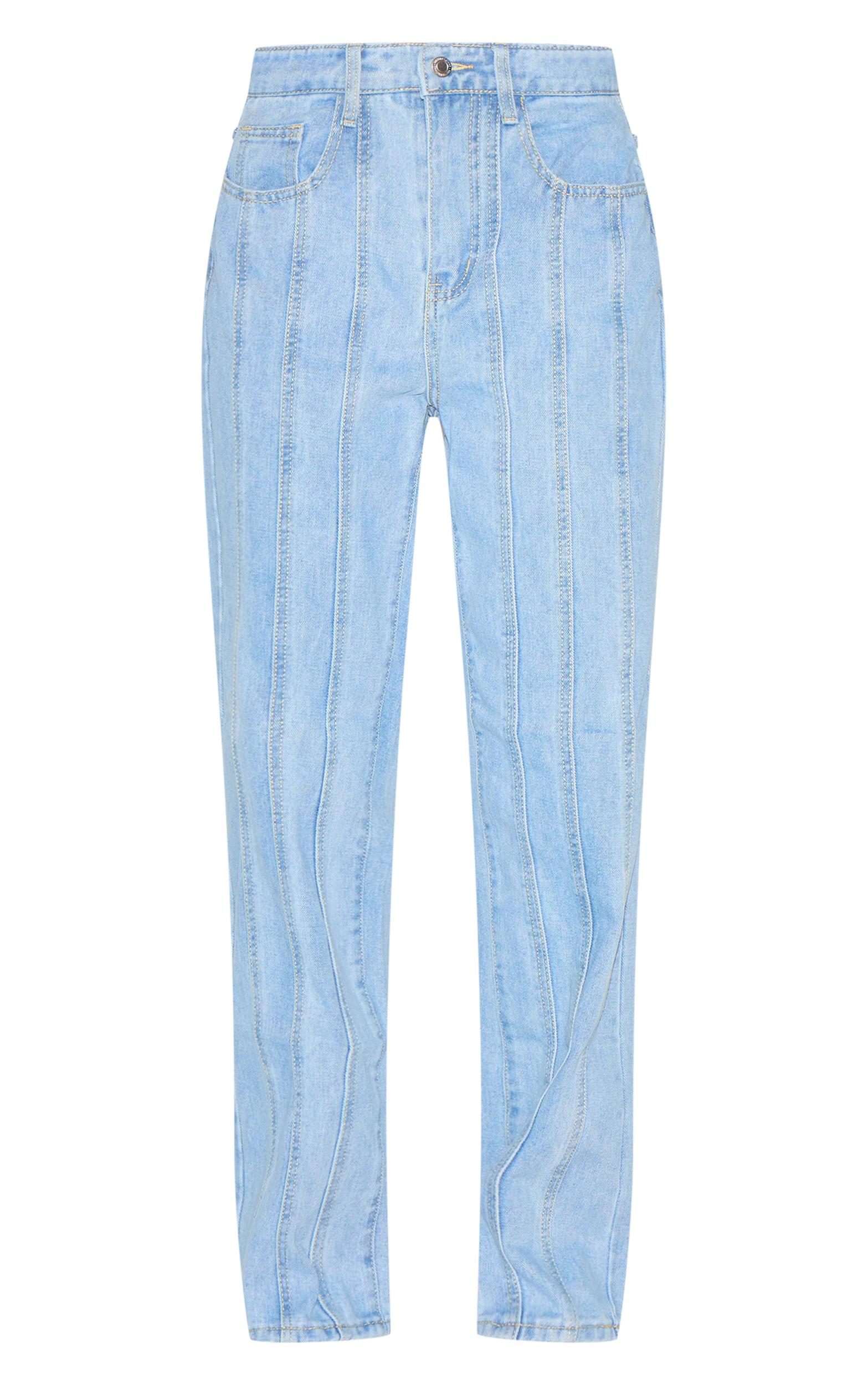 Light Blue Wash Panelled Seam Detail Straight Leg Jeans Product Image