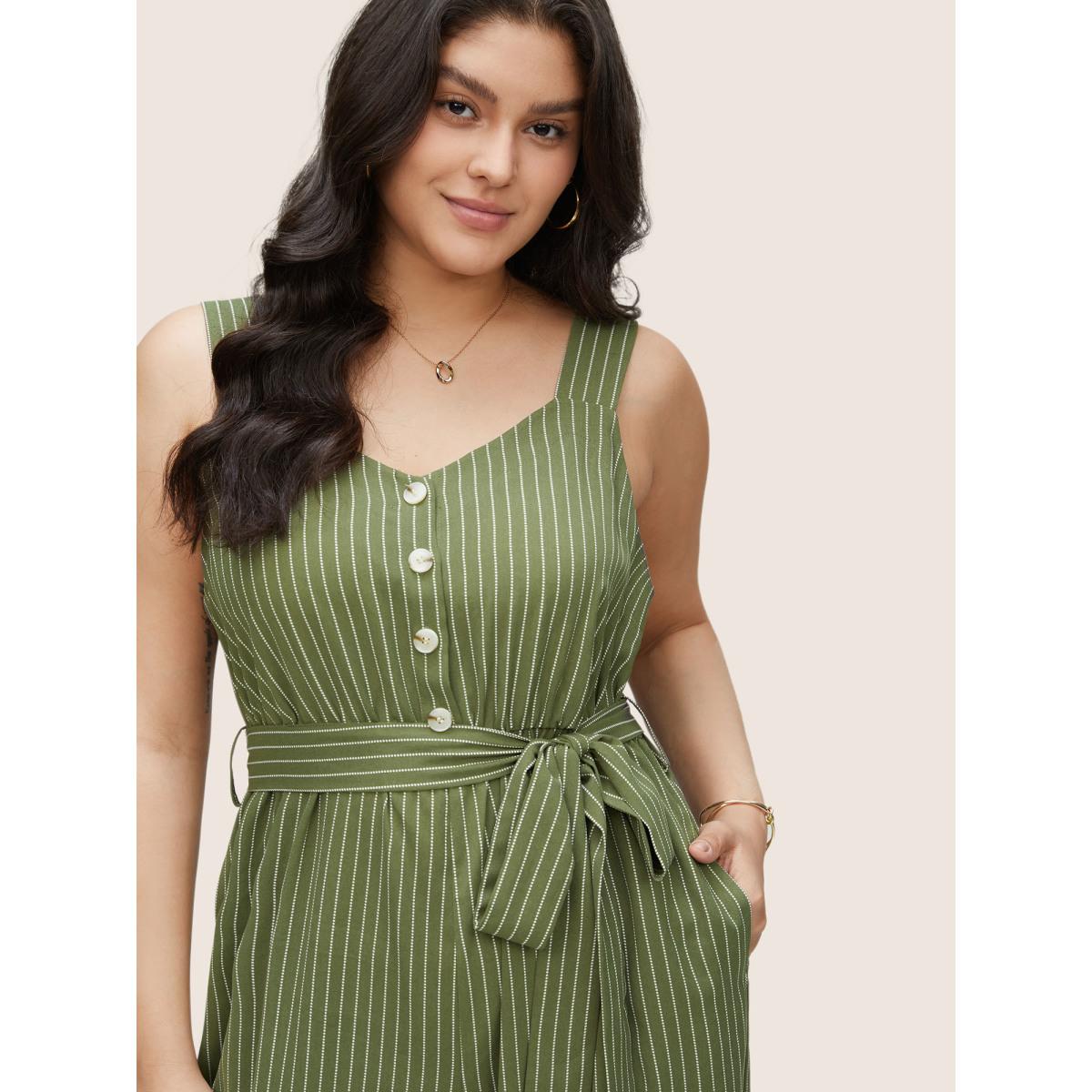 Plus Size Moss Striped Belted Elastic Waist Adjustable Straps Jumpsuit Women Casual Sleeveless Non Everyday Loose Jumpsuits BloomChic 28/5X Product Image