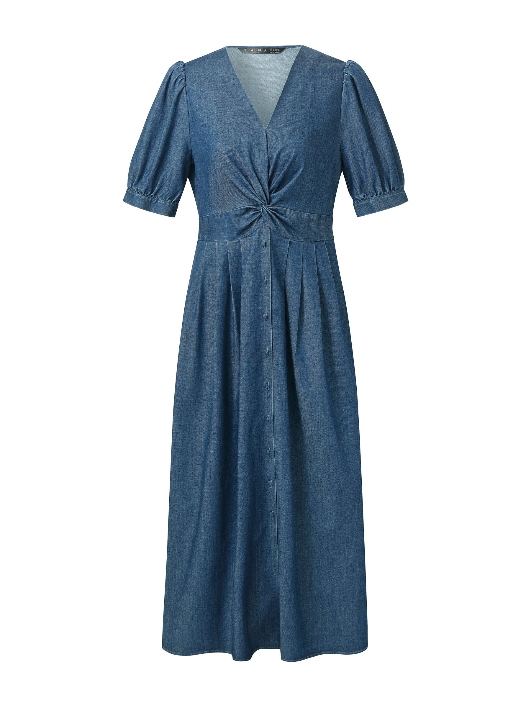 Denim Twist Front V-Neck Women Maxi Dress Product Image