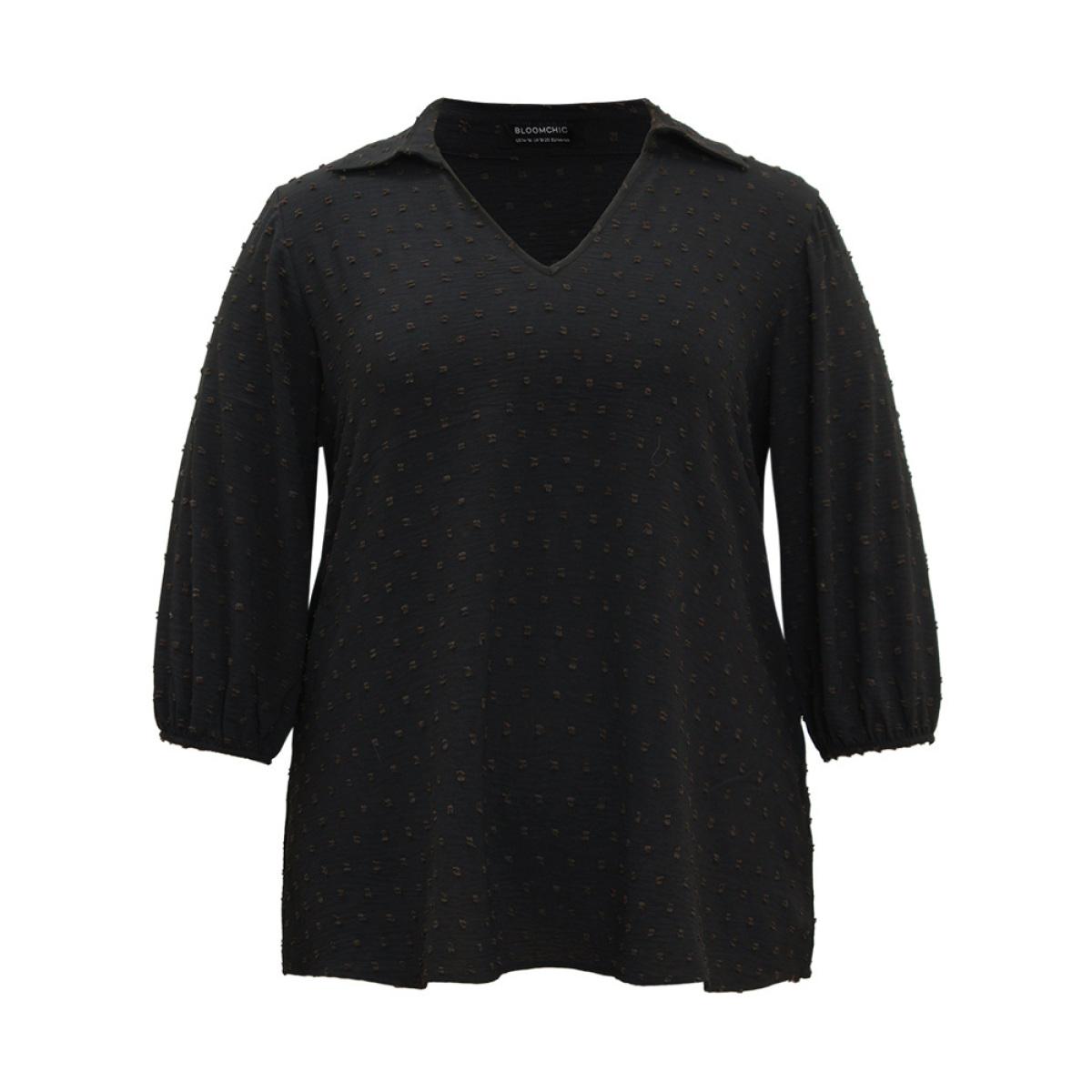 Plus Size Black Plisse Polka Dot Elastic Cuffs Blouse Women Office Elbow-length sleeve Shirt collar Office Blouses BloomChic 26/4X Product Image