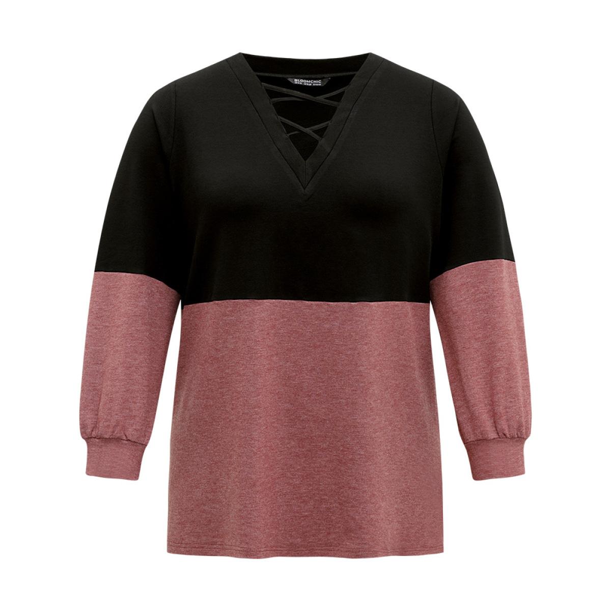Plus Size Two Tone Patchwork Elastic Cuffs Crisscross Sweatshirt Women Black Casual Elastic cuffs V-neck Dailywear Sweatshirts BloomChic 30/6X Product Image