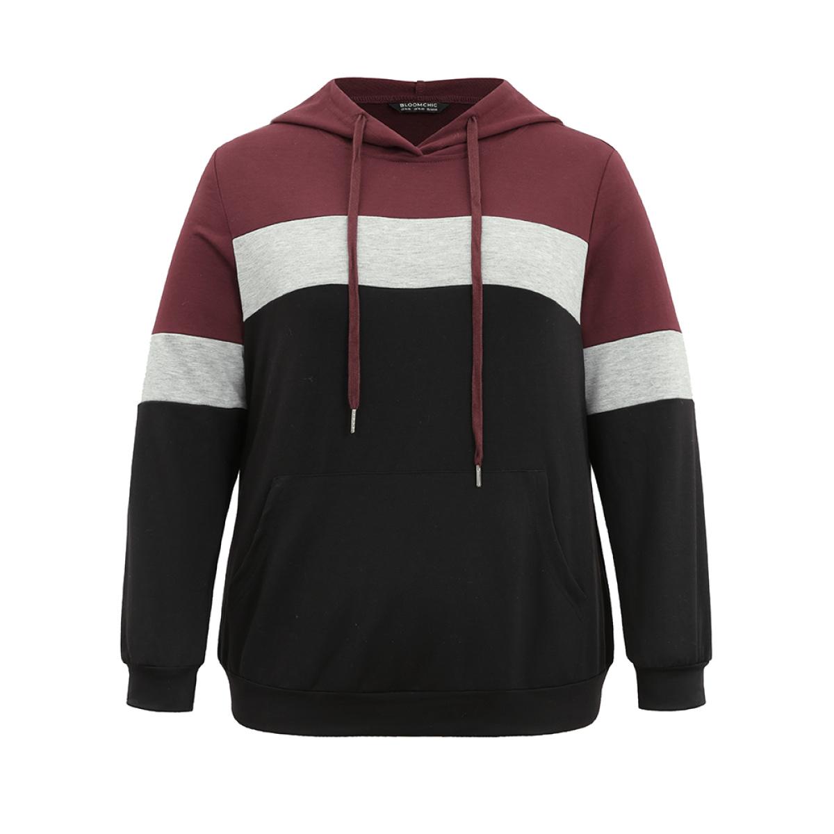 Plus Size Colorblock Contrast Hooded Kangaroo Pocket Sweatshirt Women Multicolor Casual Contrast Hooded Everyday Sweatshirts BloomChic 12/L Product Image