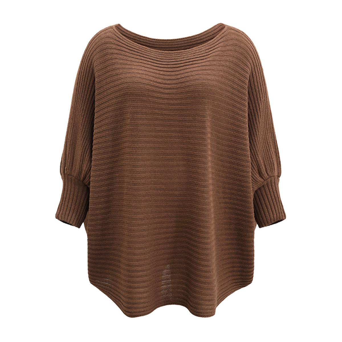 Plus Size Solid Textured Off Shoulder Batwing Sleeve Pullover DarkBrown Women Casual Loose Long Sleeve One-shoulder neck Dailywear Pullovers BloomChic 10/M Product Image