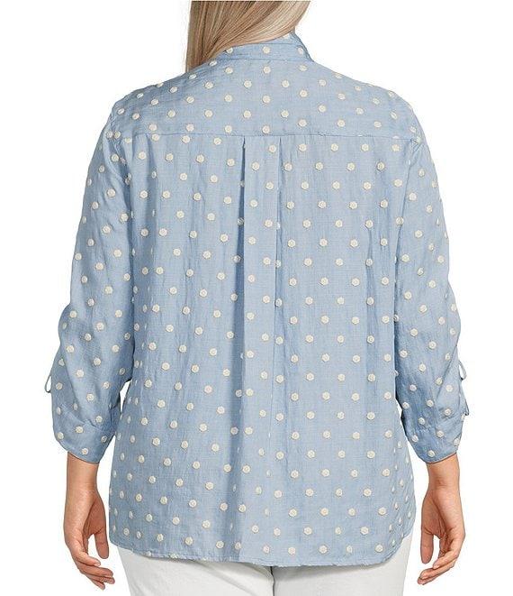 John Mark Plus Size Woven Embroidery Dots Wire Collar 3/4 Ruched Cinched Tie Sleeve Button Front Blouse Product Image