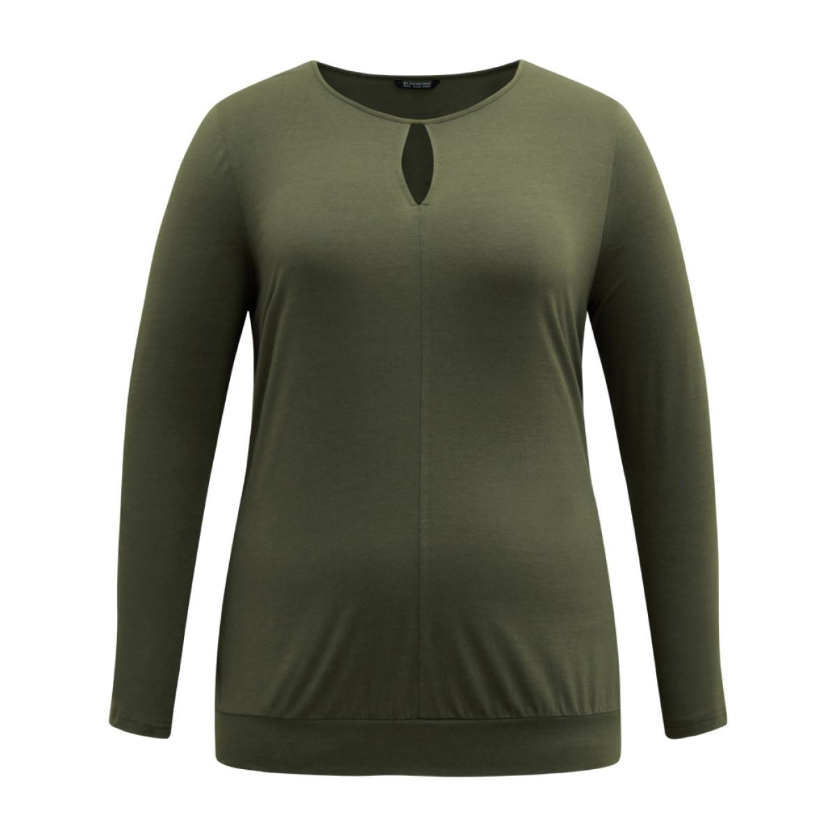 Plus Size Plain Cut Out Round Neck Knit T-shirt ArmyGreen Women Elegant Cut-Out Plain Round Neck Dailywear T-shirts BloomChic 12/L Product Image