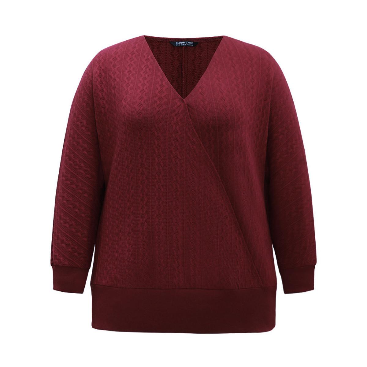 Plus Size Solid Rib Knit V Neck Sweatshirt Women Burgundy Casual Rib Knit V-neck Dailywear Sweatshirts BloomChic 12/L Product Image