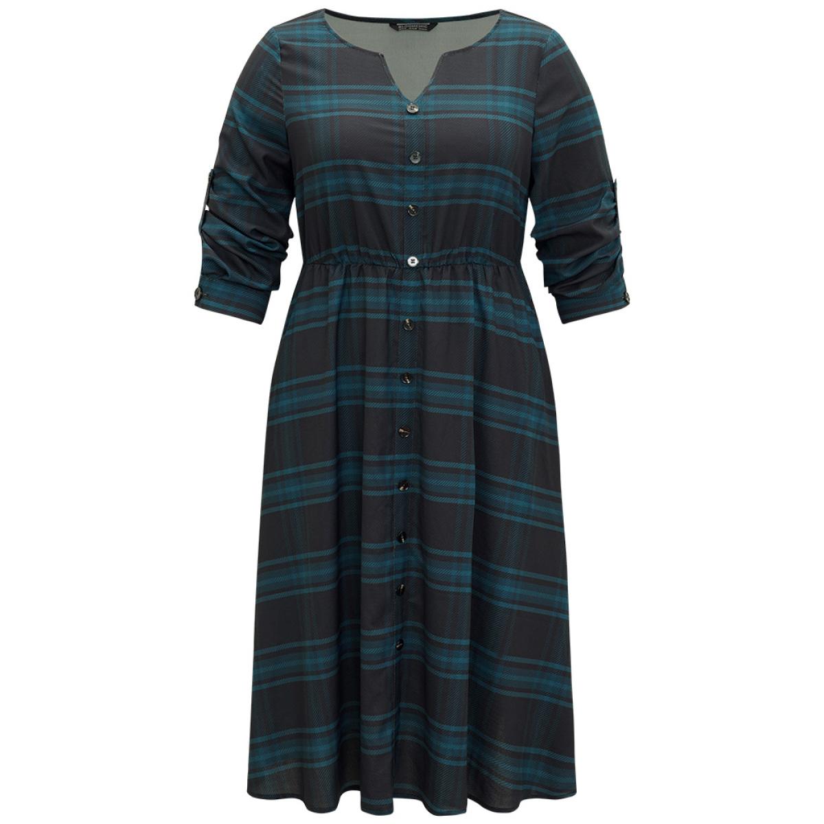 Plus Size Plaid Button Detail Notched Tab Sleeve Dress Indigo Women Casual Printed Notched collar Long Sleeve Curvy Midi Dress BloomChic 22-24/3X Product Image