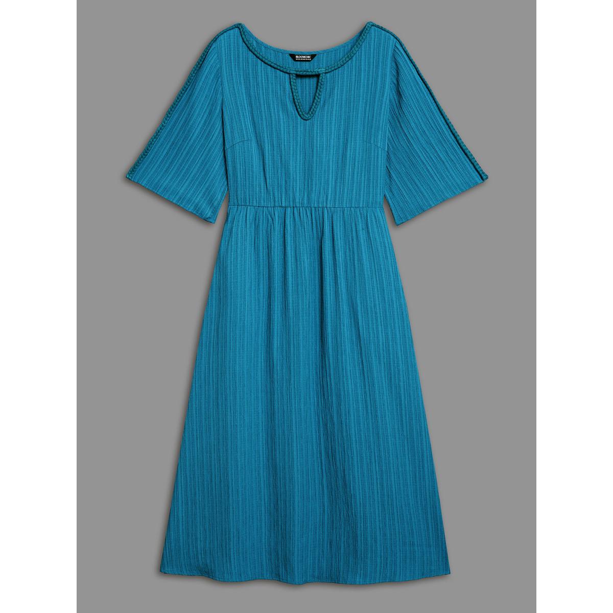 Plus Size Neck Cut-Out Textured Midi Dress Aegean Women Resort Woven ribbon&lace trim Round Neck Half Sleeve Curvy BloomChic 14-16/1X Product Image