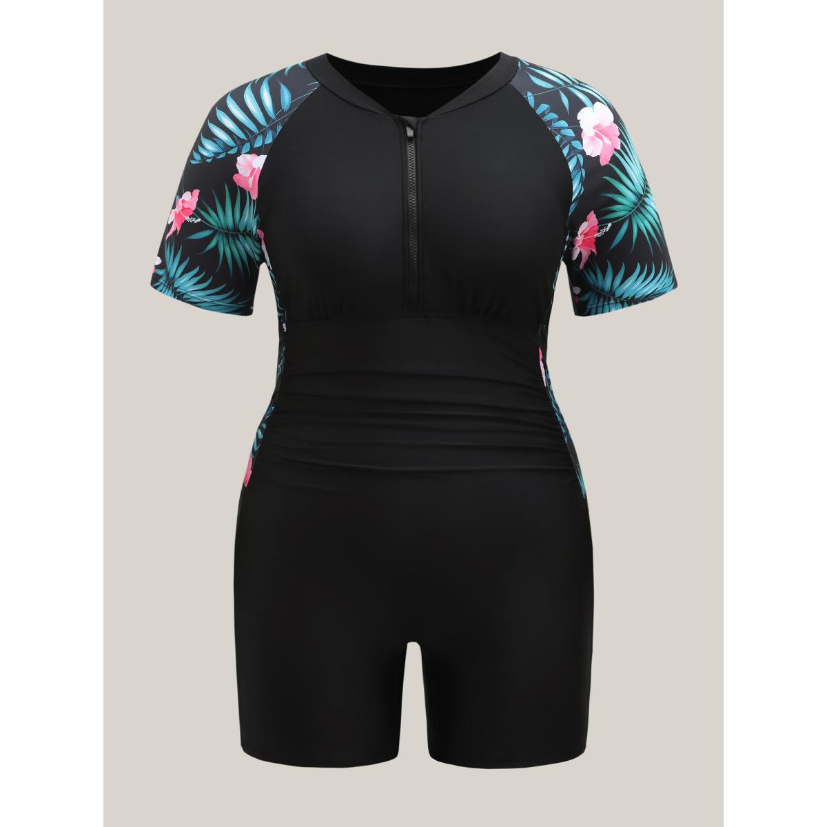 Plus Size Glide Lock Zipper Pockets One-Piece Swimsuit Women's Swimwear Black Beach Gathered Curve Bathing Suits High stretch One Pieces BloomChic 18-20/2X Product Image