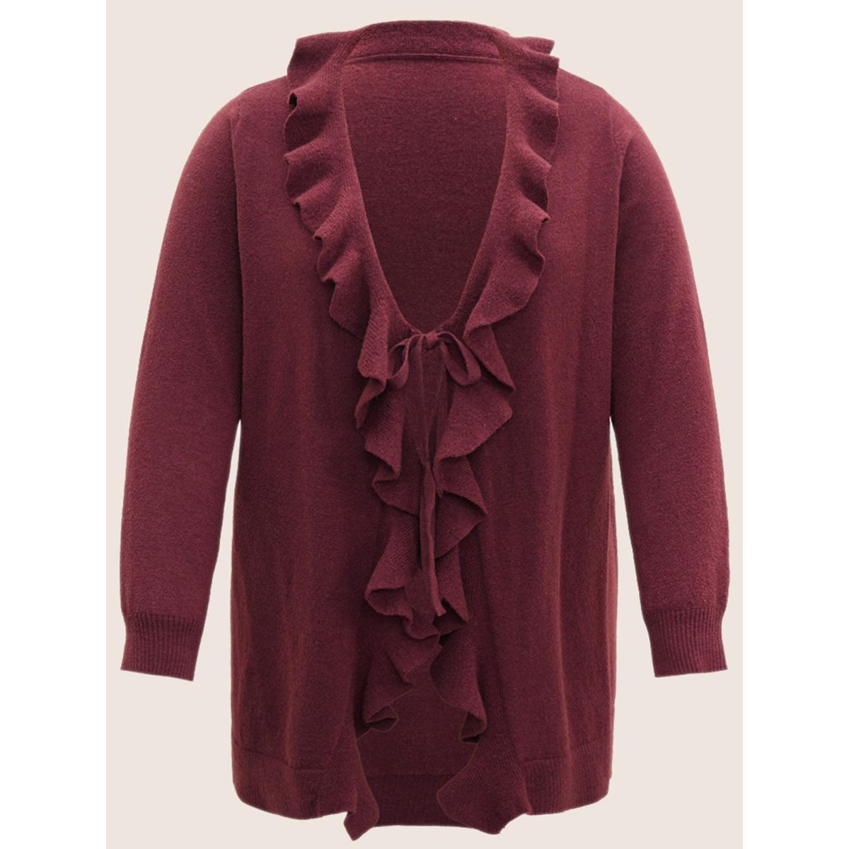 Plus Size Supersoft Essentials Solid Ruffle Trim Ties Cardigan Scarlet Women Leisure Long Sleeve Casual Cardigans BloomChic 10/M Product Image