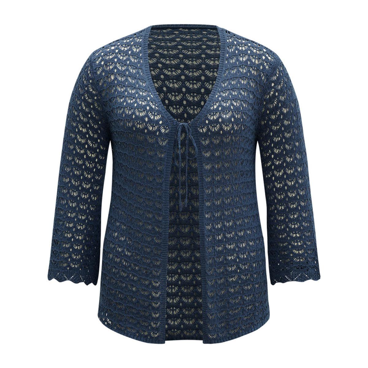 Plus Size Solid Eyelet Ties Front Bell Sleeve Cardigan Indigo Women Casual Loose Long Sleeve Dailywear Cardigans BloomChic 14-16/1X Product Image