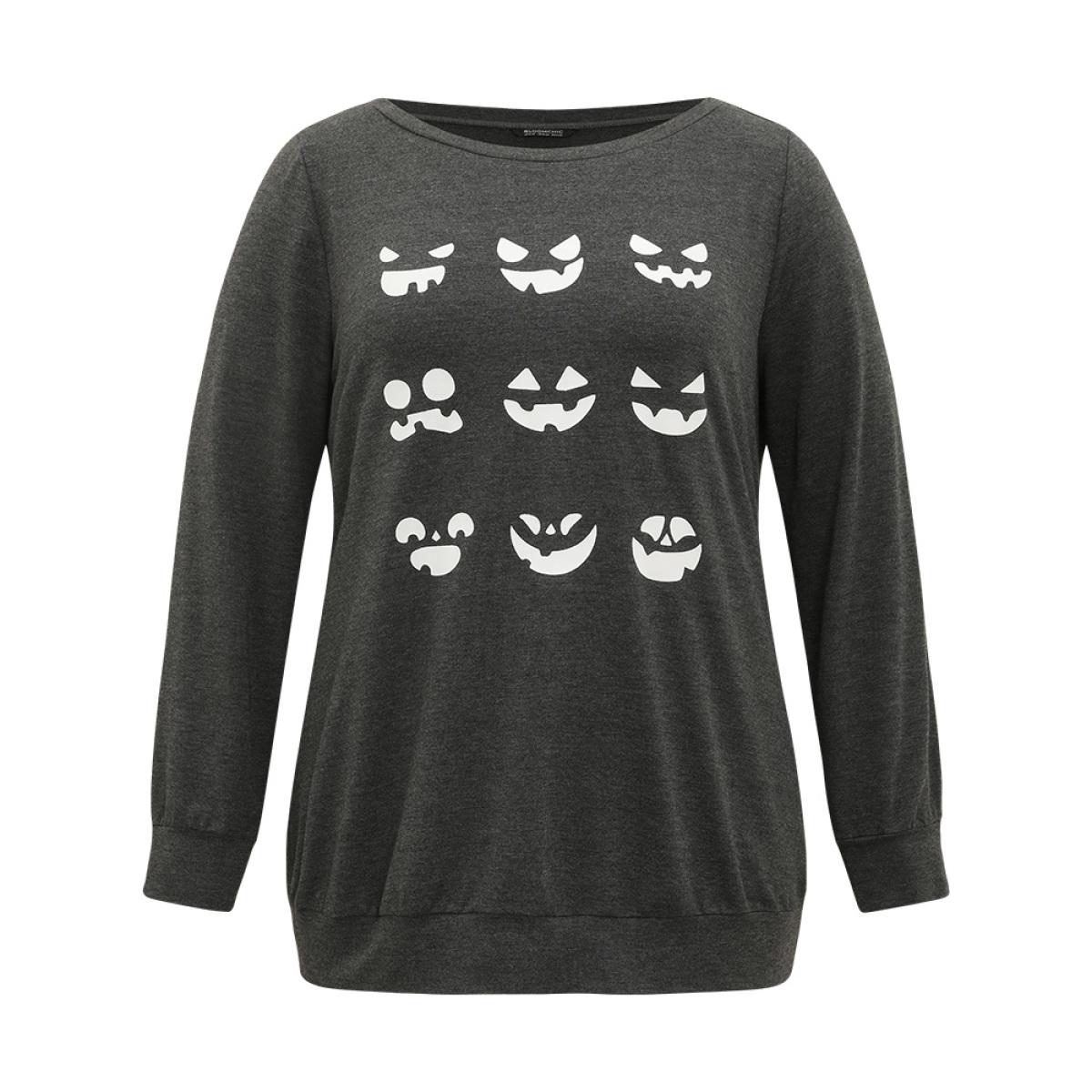 Plus Size Round Neck Halloween Print Sweatshirt Women DimGray Casual Printed Festival-Halloween Sweatshirts BloomChic 10/M Product Image
