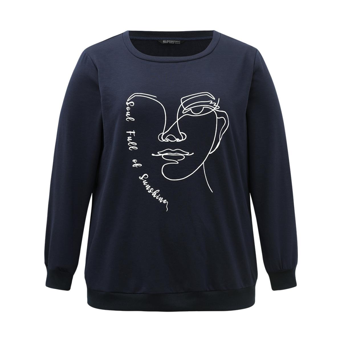 Plus Size Art Figure Elastic Cuffs Crew Neck Sweatshirt Women Indigo Casual Elastic cuffs Dailywear Sweatshirts BloomChic 28/5X Product Image