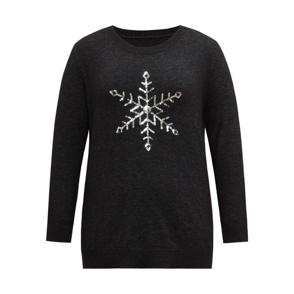 Plus Size Anti-Pilling Sequin Snowflake Round Neck Pullover Black Women Casual Loose Long Sleeve Round Neck Festival-Christmas Pullovers BloomChic 28/5X Product Image