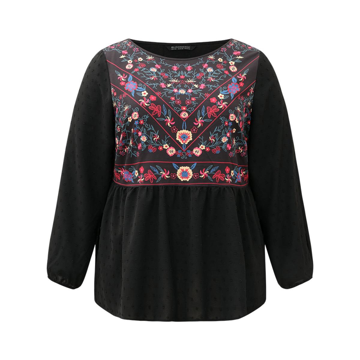 Plus Size Black Boho Print Patchwork Lantern Sleeve Gathered Blouse Women Vacation Long Sleeve Round Neck Dailywear Blouses BloomChic 26/4X Product Image