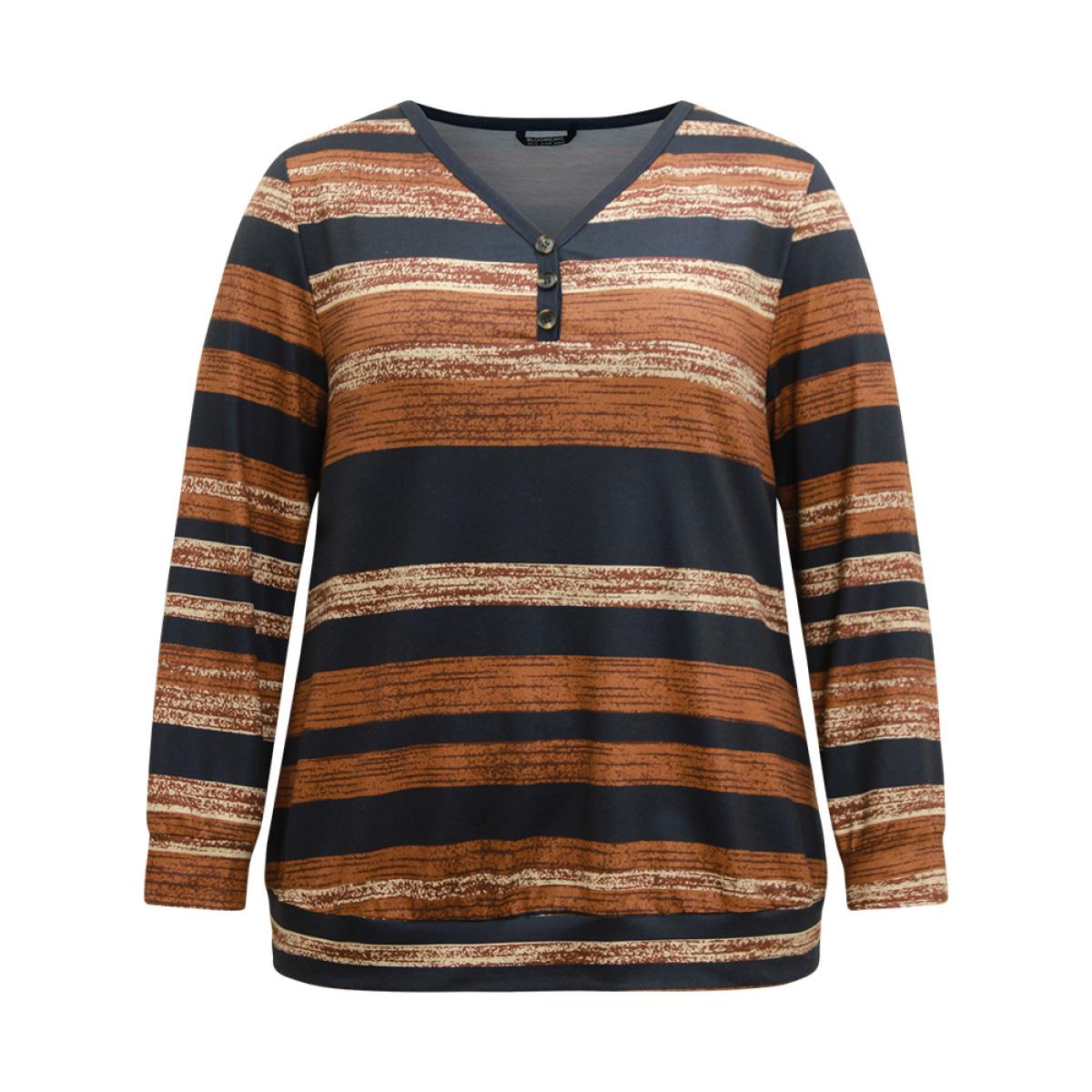 Plus Size Colour Striped Button Up Sweatshirt Women Multicolor Elegant Contrast V-neck Dailywear Sweatshirts BloomChic 30/6X Product Image