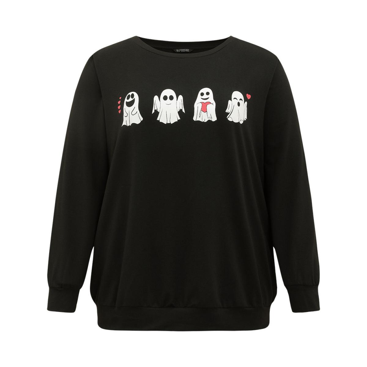 Plus Size Halloween Print Crew Neck Sweatshirt Women Black Casual Printed Festival-Halloween Sweatshirts BloomChic 22-24/3X Product Image
