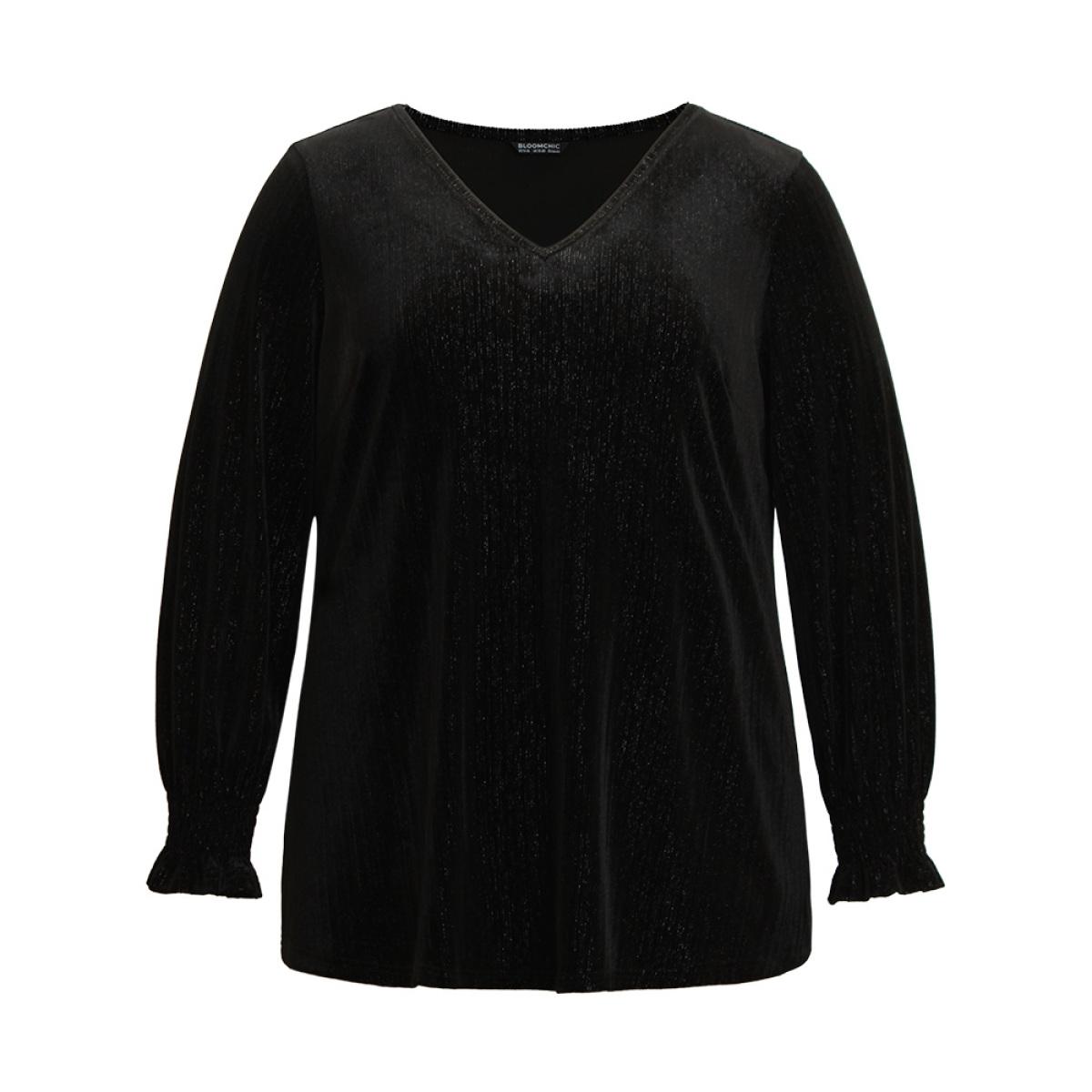 Plus Size Black Solid Velvet Glitter Shirred Ruffles Blouse Women Glamour Long Sleeve V-neck Going out Blouses BloomChic 22-24/3X Product Image