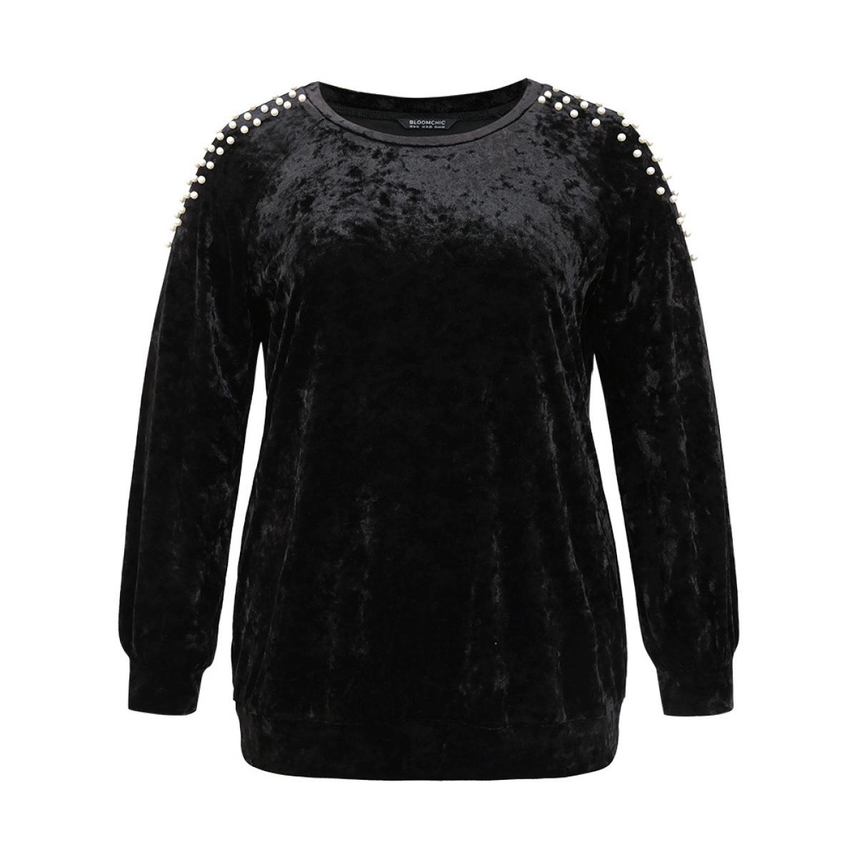Plus Size Solid Velvet Pearl Beaded Raglan Sleeve Sweatshirt Women Black Elegant Elastic cuffs Round Neck Dailywear Sweatshirts BloomChic 18-20/2X Product Image