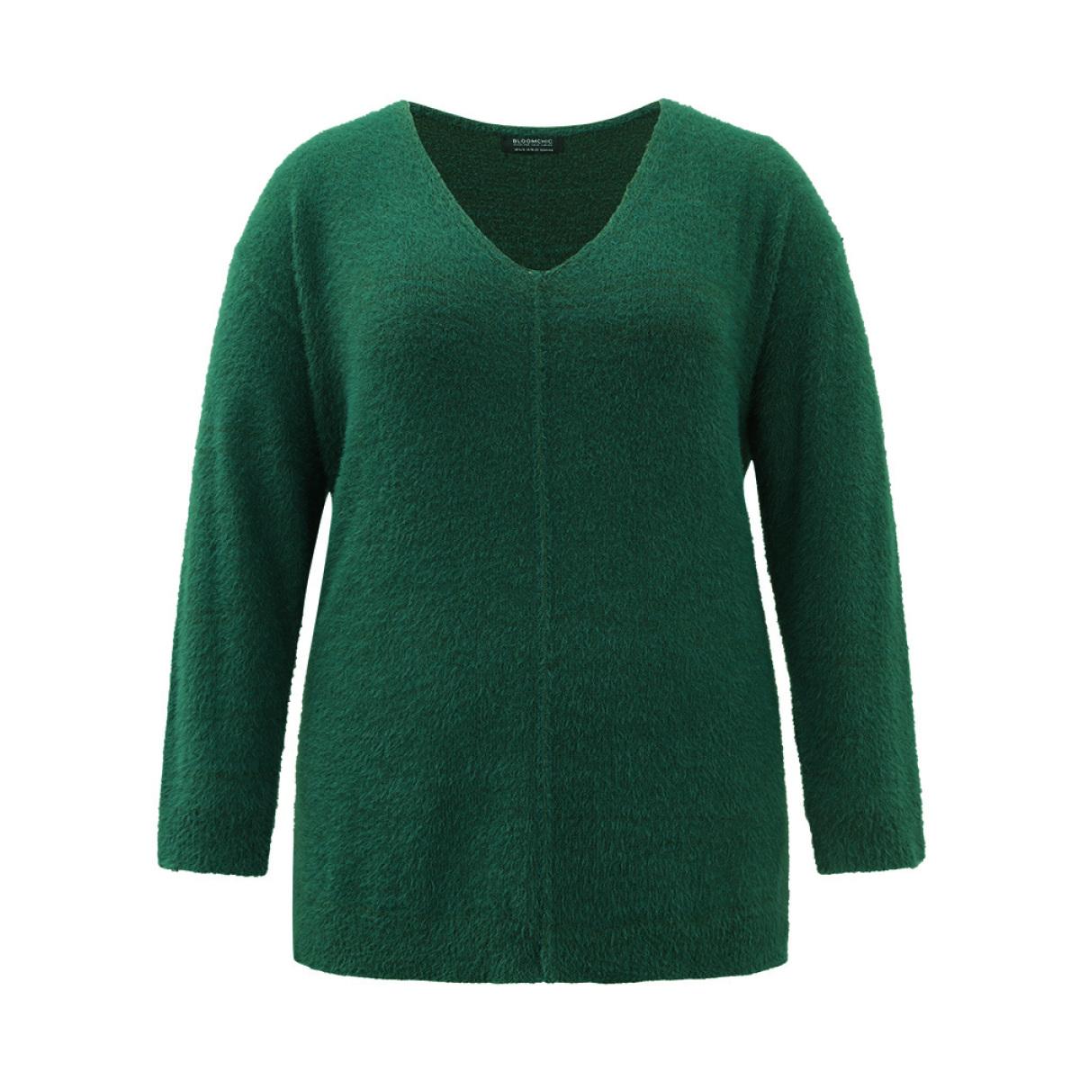 Plus Size Fuzzy Solid Split Side Patchwork Pullover DarkGreen Women Casual Loose Long Sleeve V-neck Dailywear Pullovers BloomChic 28/5X Product Image