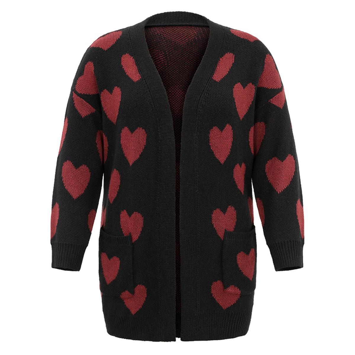Plus Size Heart Geometric Contrast Pocket Cardigan Black Women Casual Long Sleeve Everyday Cardigans BloomChic 14-16/1X Product Image