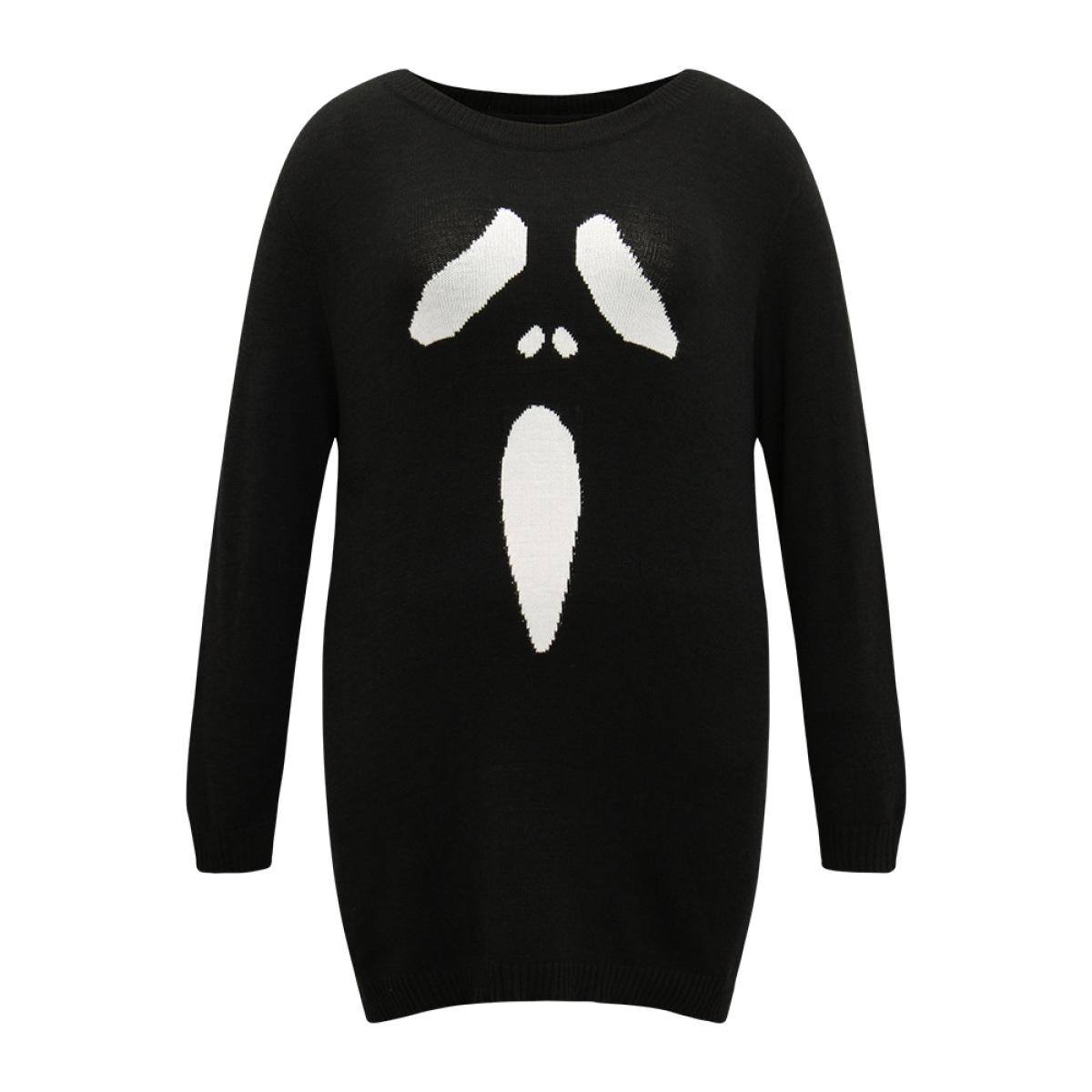Plus Size Supersoft Essentials Halloween Ghost Face Print Pullover Black Women Casual Loose Long Sleeve Round Neck Festival-Halloween Pullovers BloomChic 28/5X Product Image