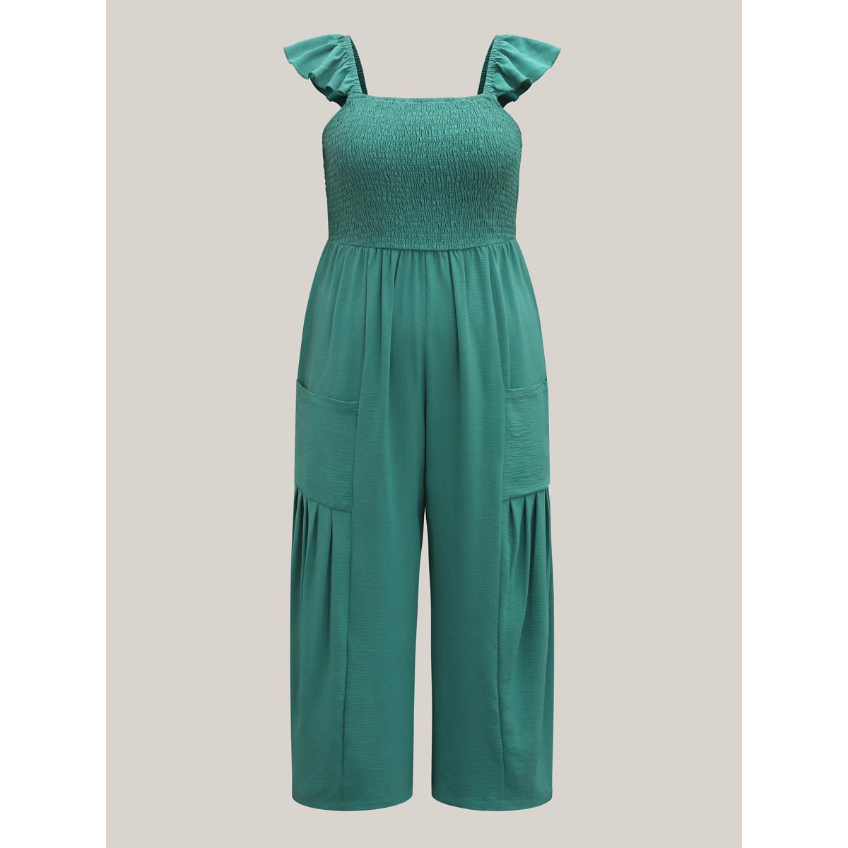 Plus Size Emerald Shirred Ruffles Pockets Plain Jumpsuit Women Sleeveless Non Everyday-Casual Loose Jumpsuits BloomChic 18-20/2X Product Image