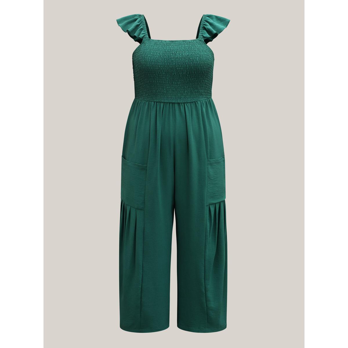 Plus Size Emerald Shirred Ruffles Pockets Plain Jumpsuit Women Sleeveless Non Everyday-Casual Loose Jumpsuits BloomChic 18-20/2X Product Image